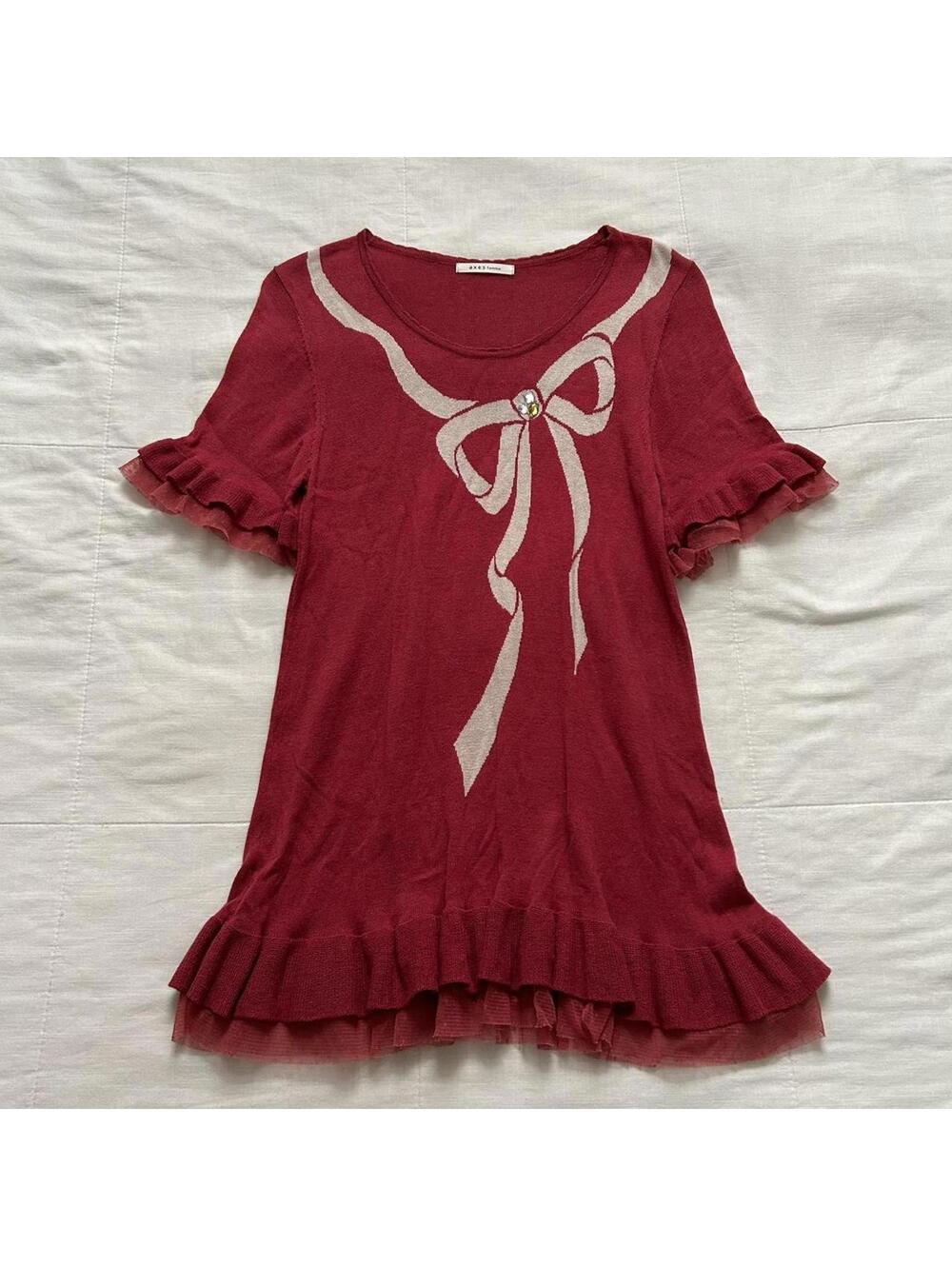Axes Femme Red Bow Rhinestone Knit Top Size M Japan Lolita